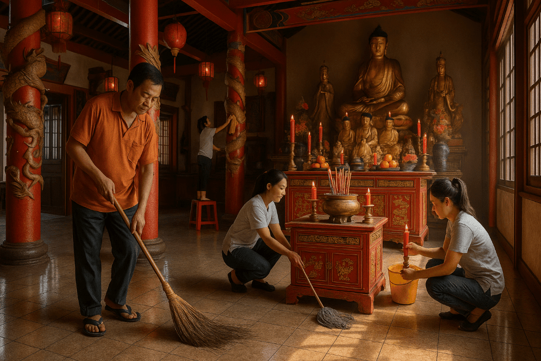 People cleaning a room in a vihara