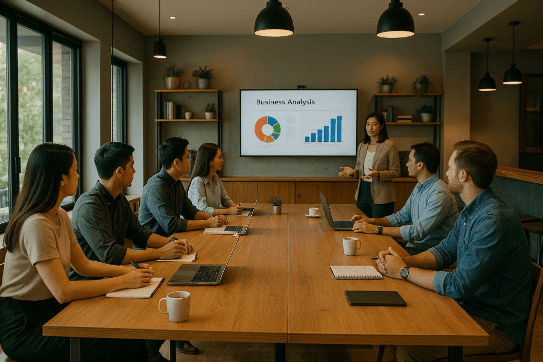 People having a meeting at a wooden table