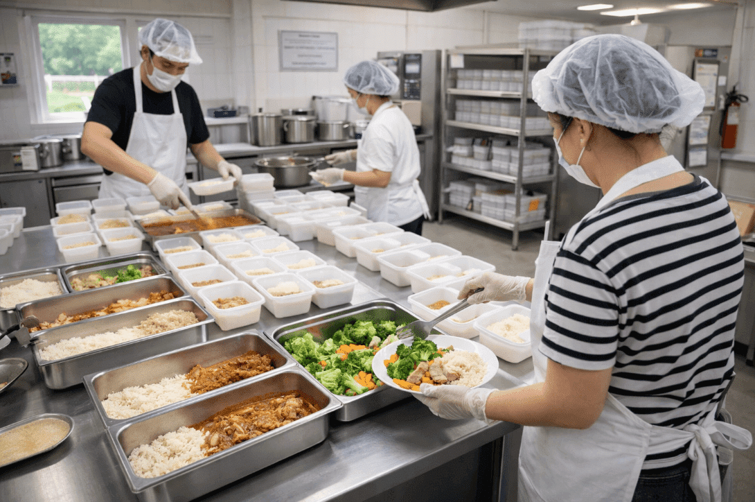 People preparing food in a kitchen for MBG program