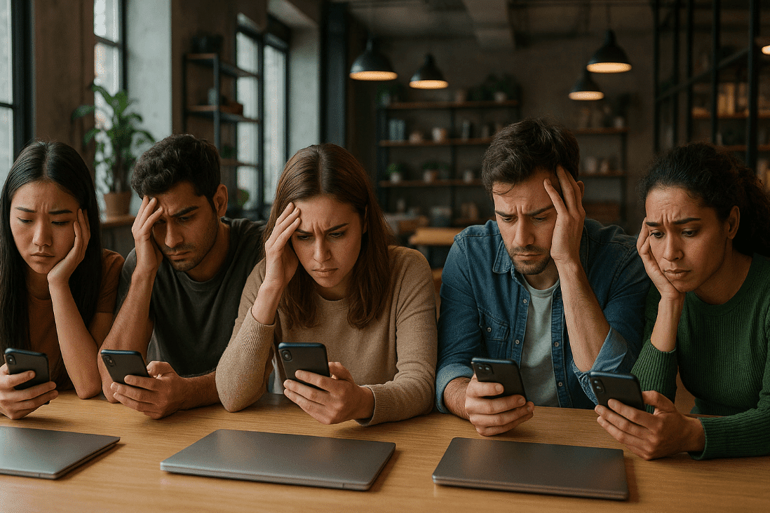 People using phones at a table