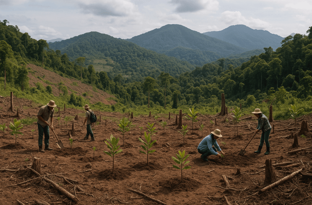 People working in a large deforested area