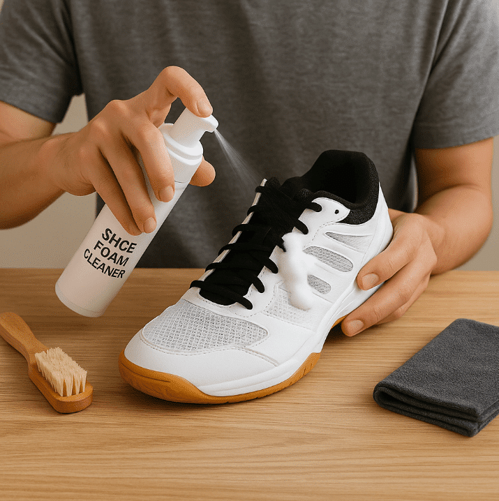 Person holding deodorant bottle next to shoes