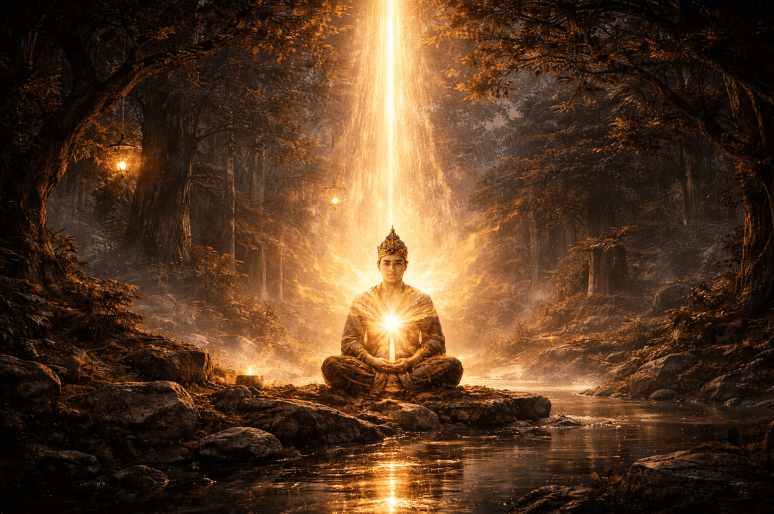 Person sitting on rock in forest