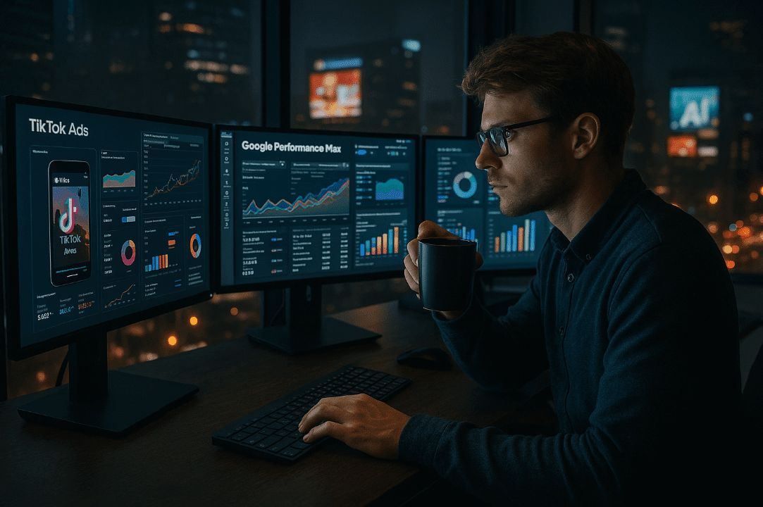 Person using multiple screens for AI-driven advertising