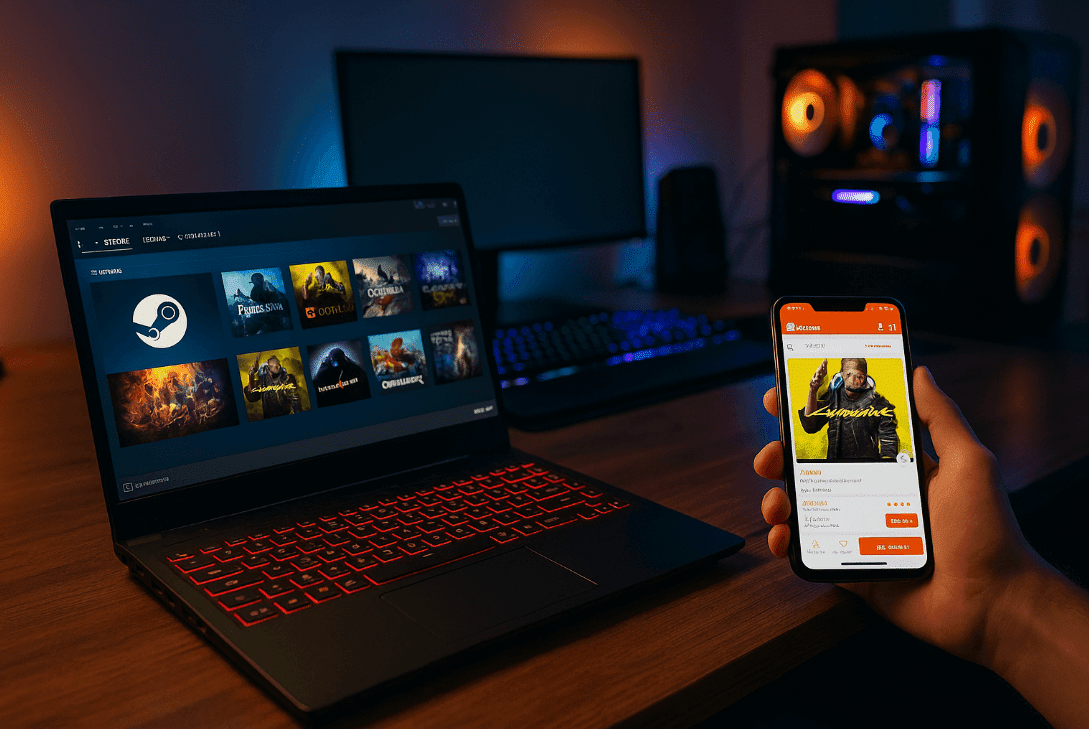 Person using phone near laptop for online shopping