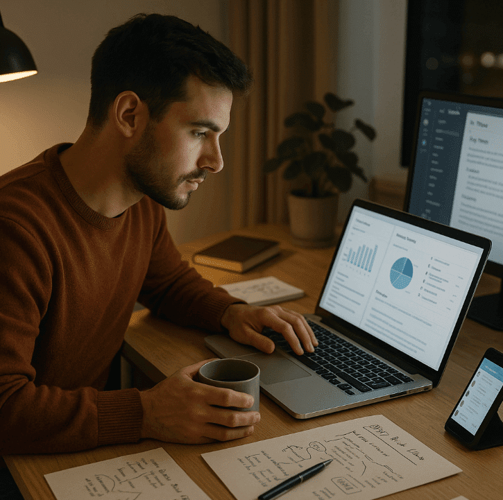 Pria duduk di depan komputer laptop