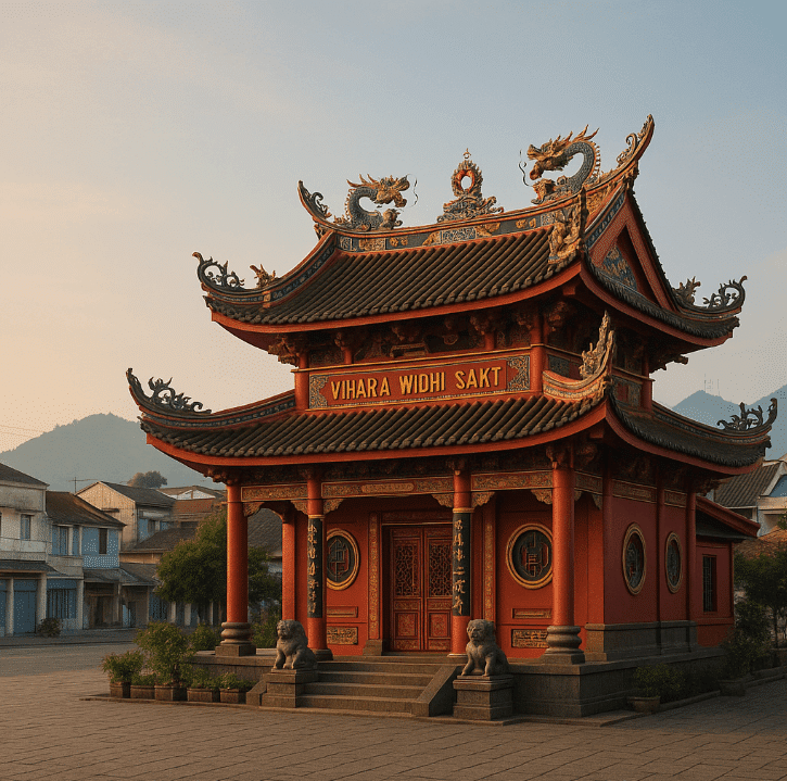 Red building with dragon sculpture on roof at Vihara Widhi Sakti