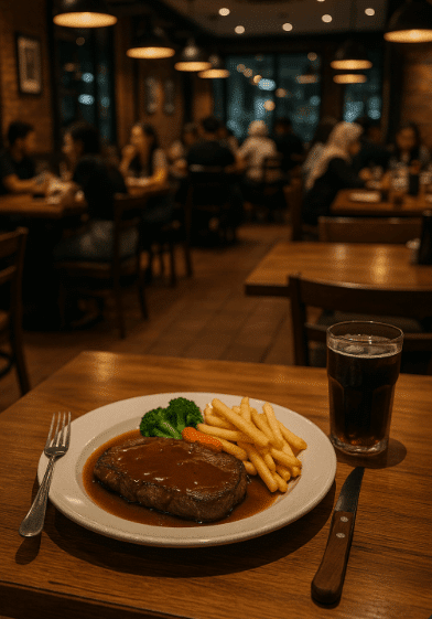 Steak and fries on a restaurant plate in Depok