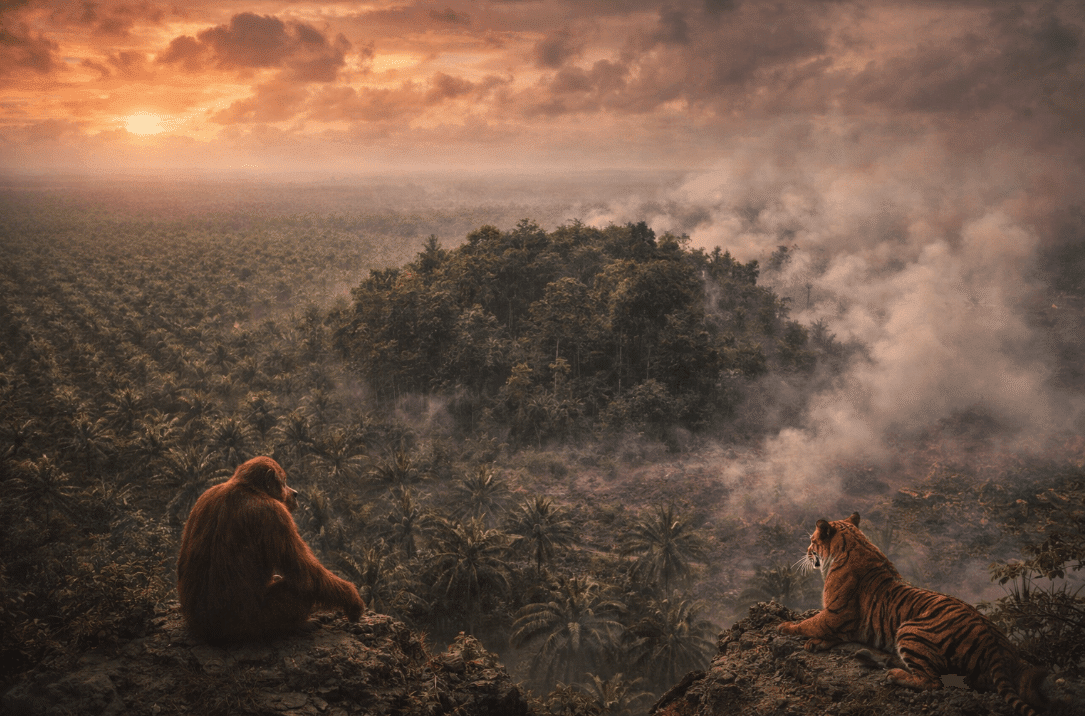 Tiger and monkey on a hill in Indonesian forest