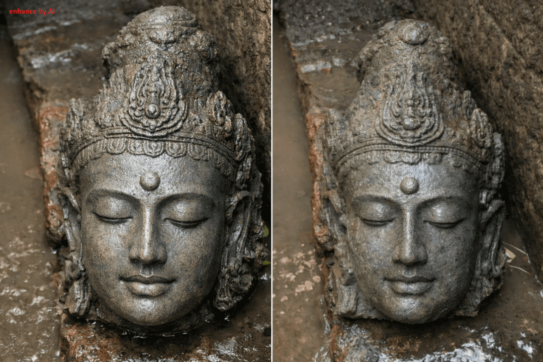 Two buddha head statues