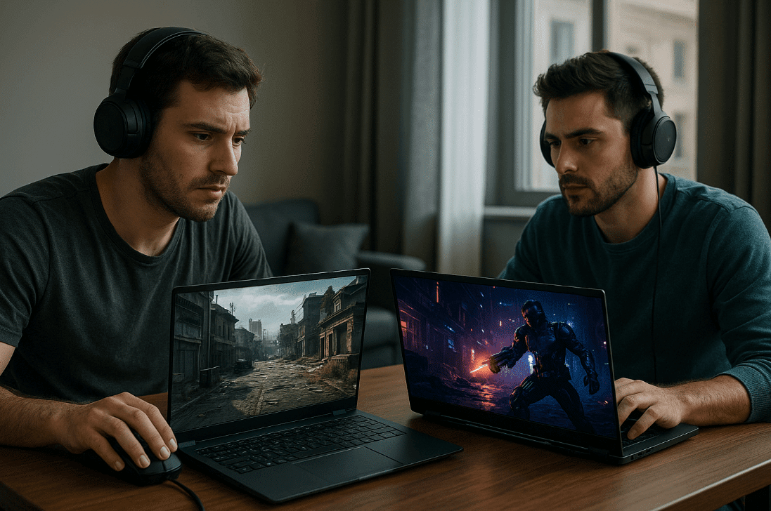 Two men discussing features of AI-supported gaming laptop