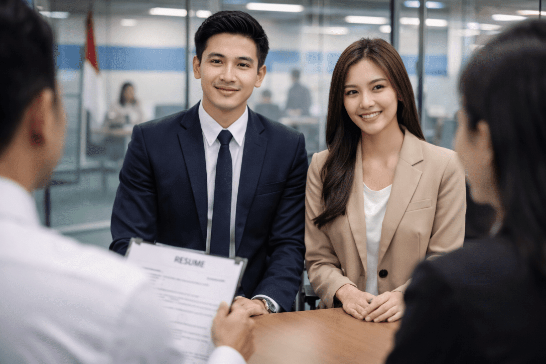 Two people sitting at a table discussing job applications