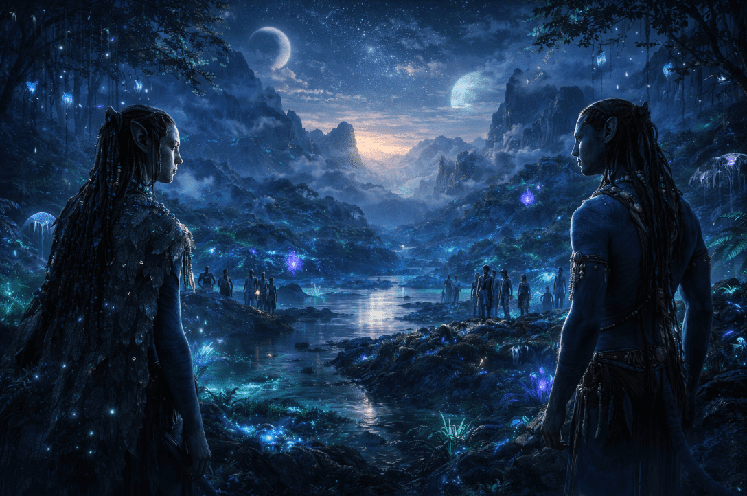 Two people standing in a forest backdrop