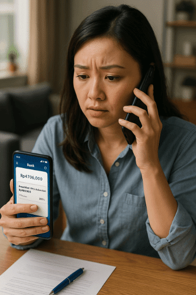 Woman on cell phone at table discussing BPJS autodebet stop