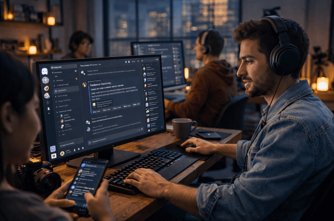 A freelancer using headphones while working on a computer