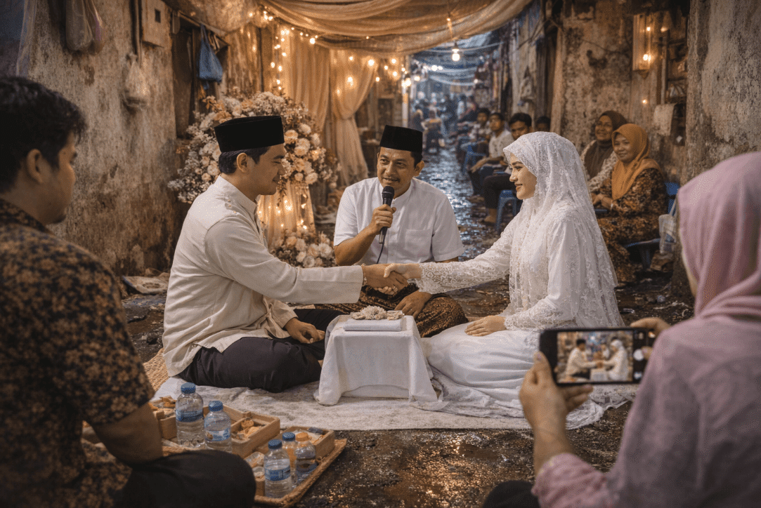 A group of people engaged in a traditional nikah ceremony
