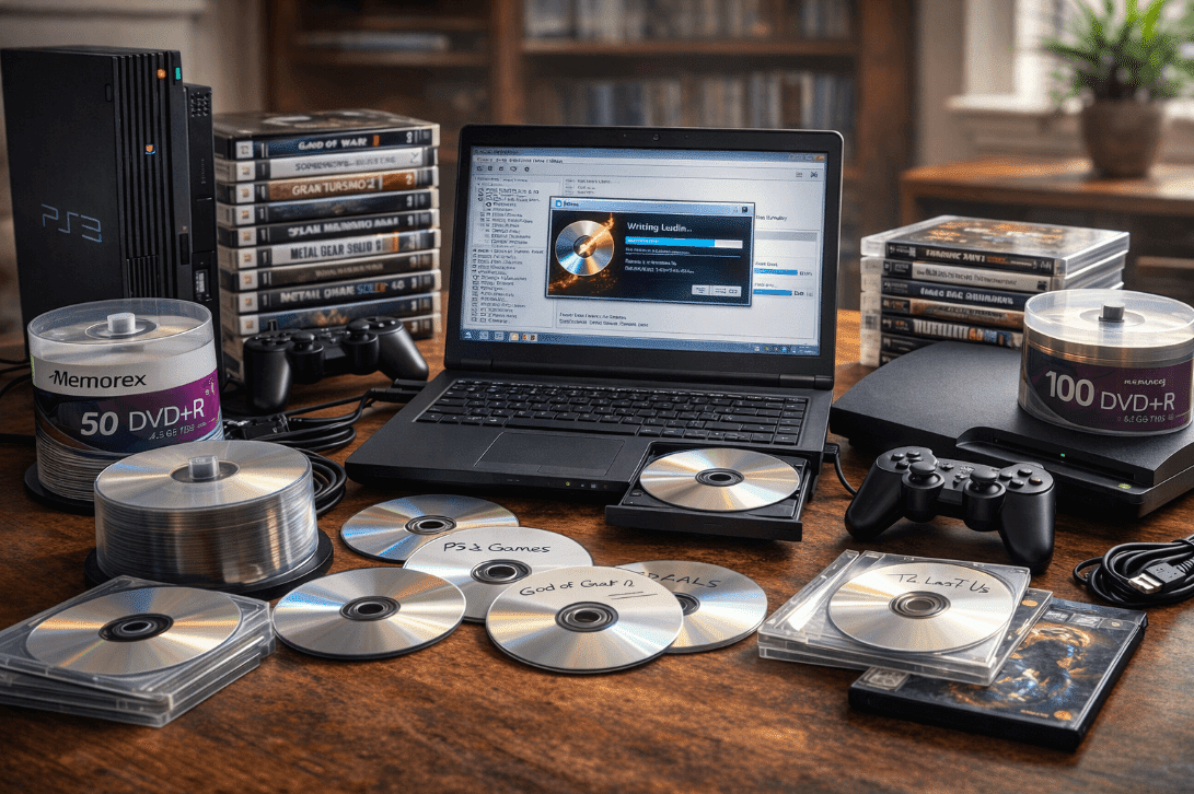 A laptop on a wooden table for burning PS2 and PS3 games to DVD