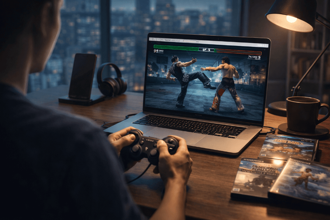 A man enjoying PS2 games on a laptop