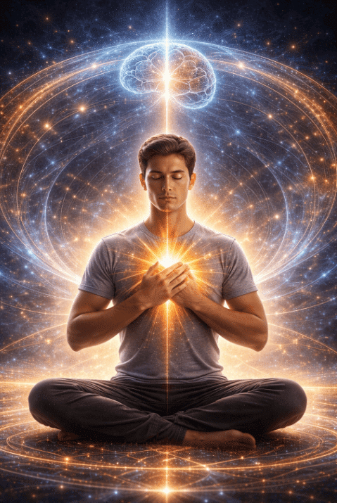 A man meditating in lotus position for heart-brain connection