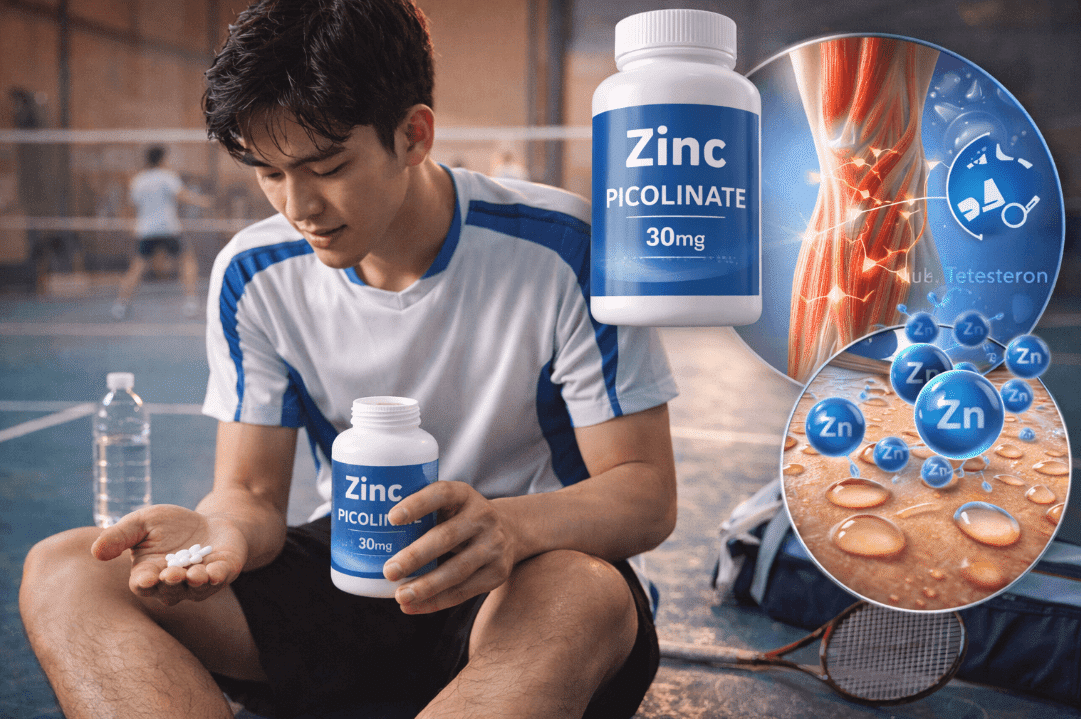 A man on a tennis court with zinc bottle