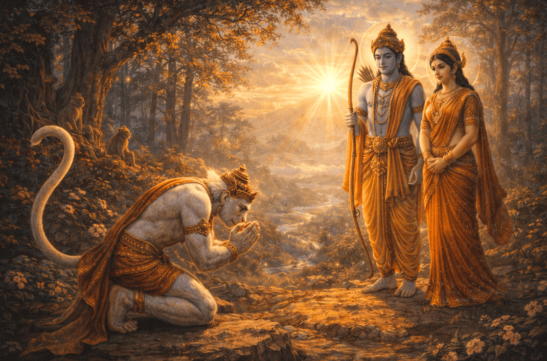 A painting of a man kneeling by a woman inspired by Hanuman and Rama