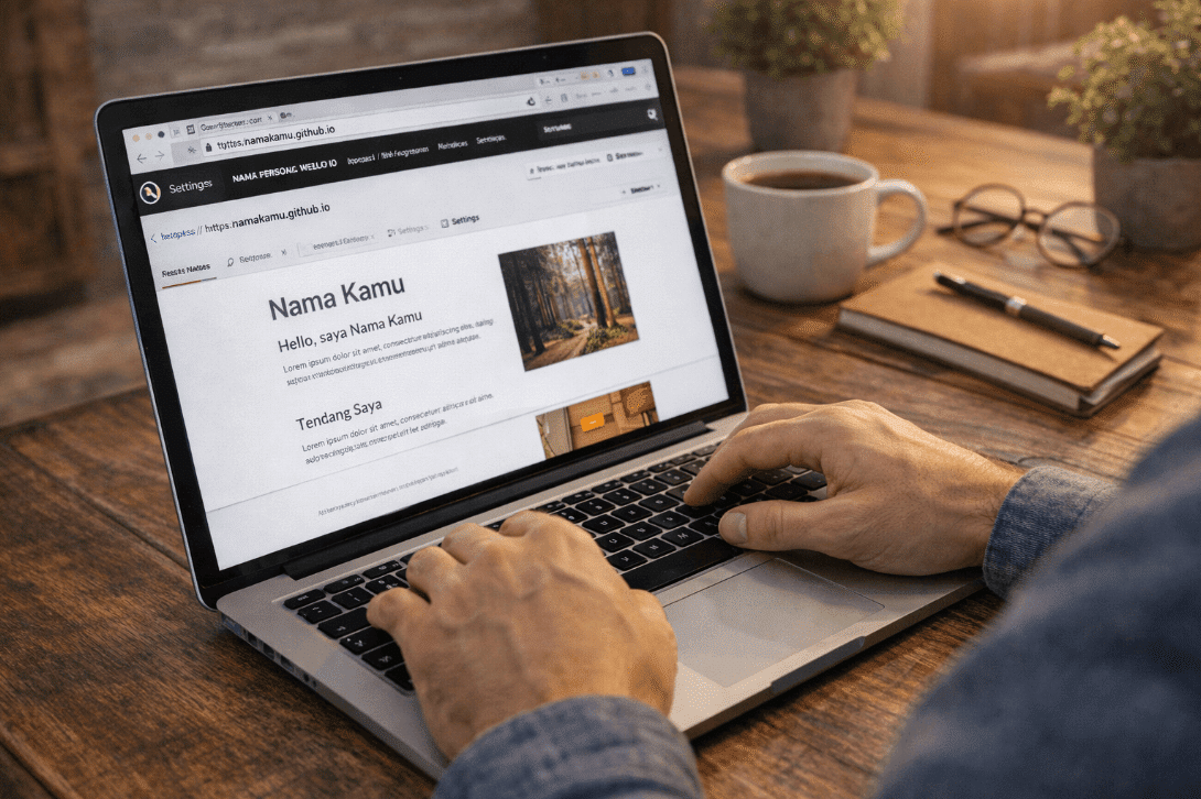 a person typing on a laptop on a wooden table