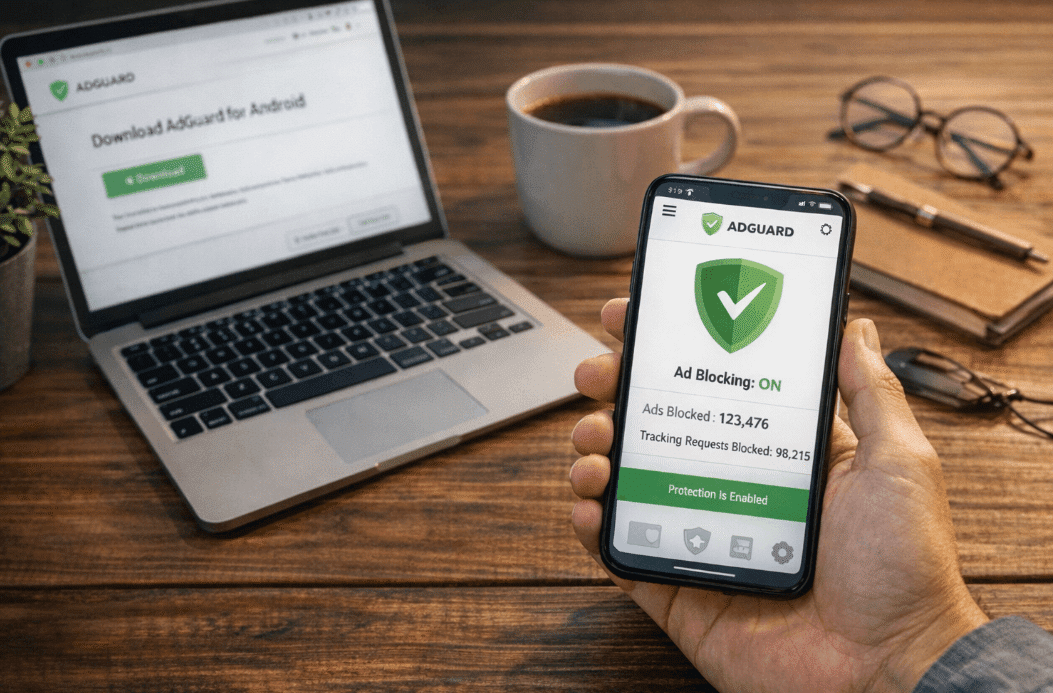 A person using a smartphone and laptop to manage Android ad settings