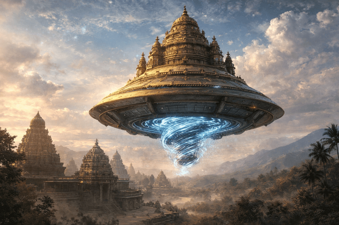 Alien ship flying over a forest at night