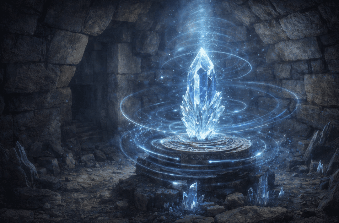 Crystal fountain surrounded by rocks in ancient pyramid