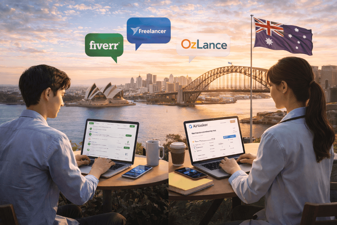 Dua orang bekerja dengan laptop di meja dalam diskusi klien Australia