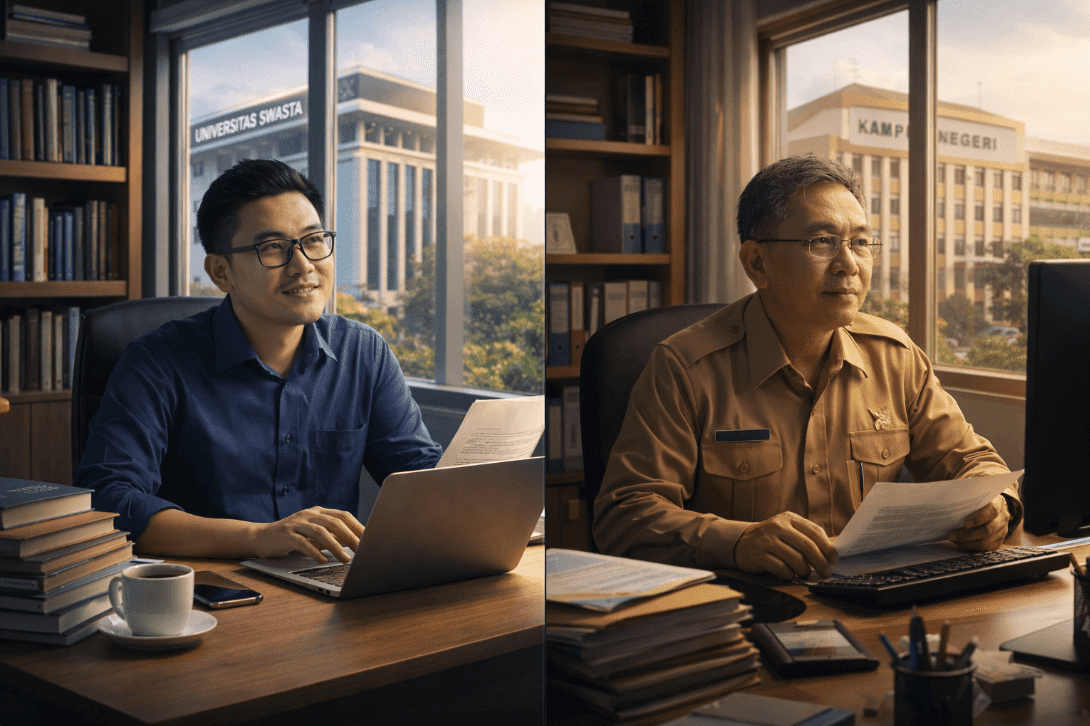 Dua pria duduk di depan komputer membahas gaji dosen