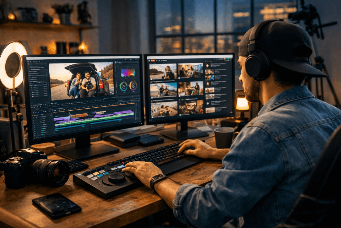 Freelance video editor working with dual monitors