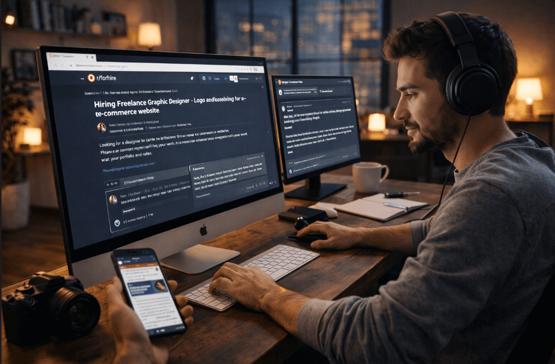 Freelancer using computer and headphones for international client work on Reddit