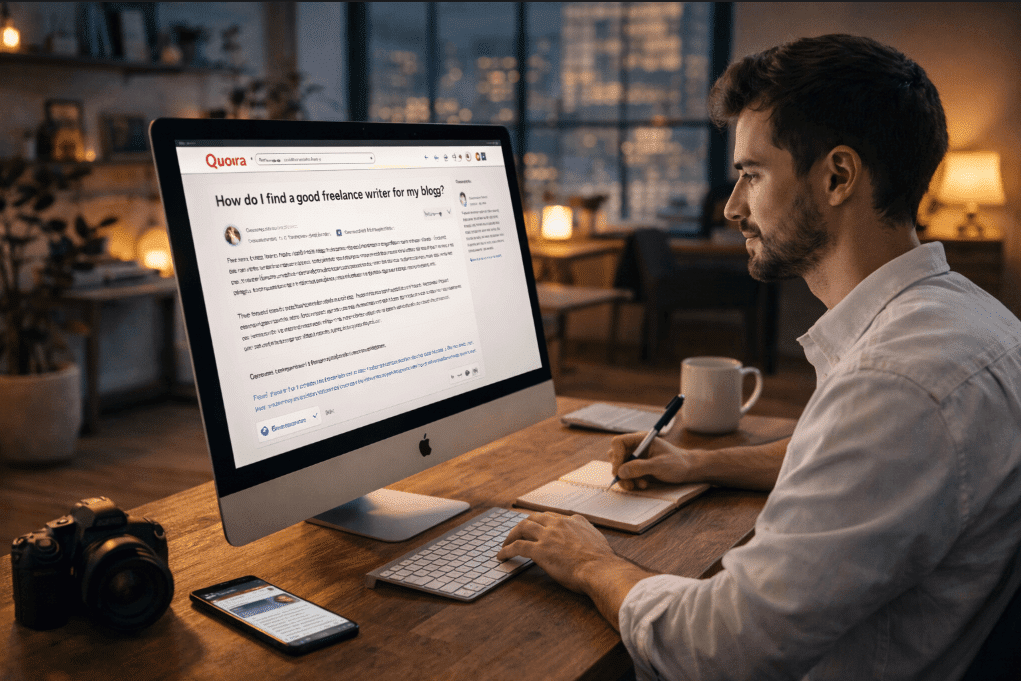 Freelancer working at desk on computer