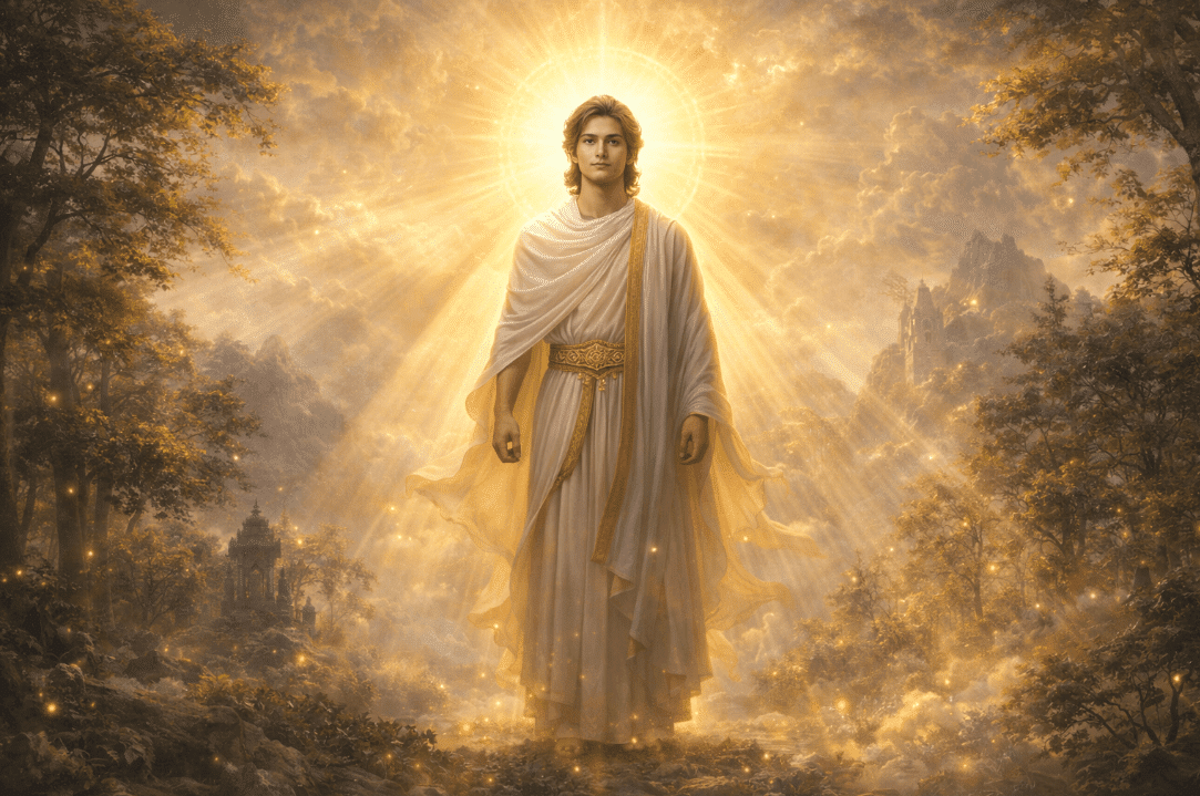 Jesus standing in a forest painting