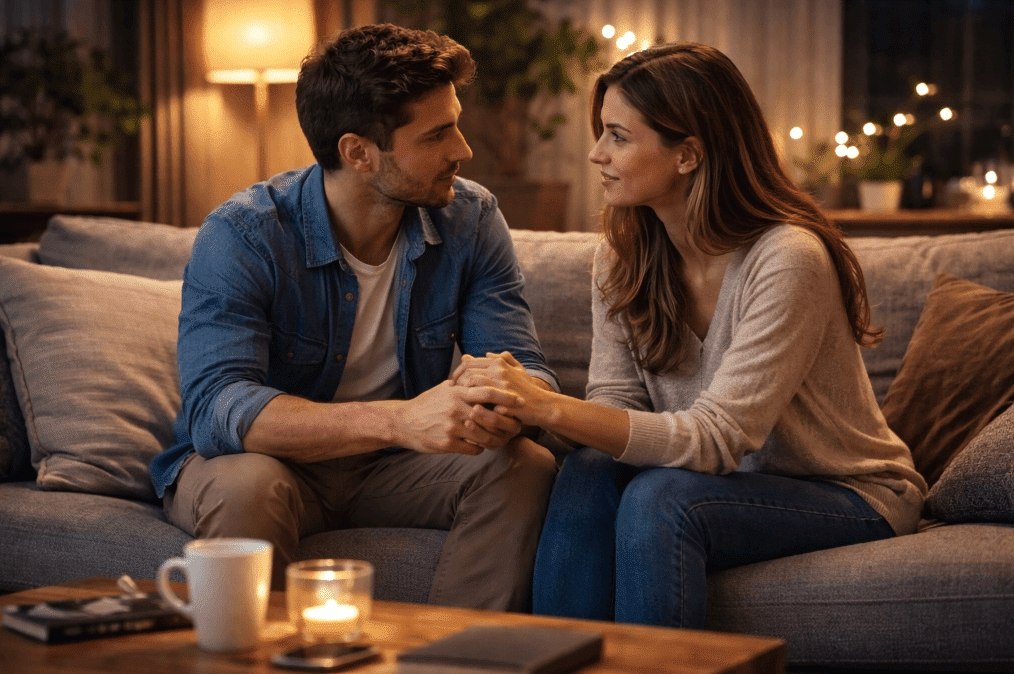Man and woman sitting on couch having a conversation