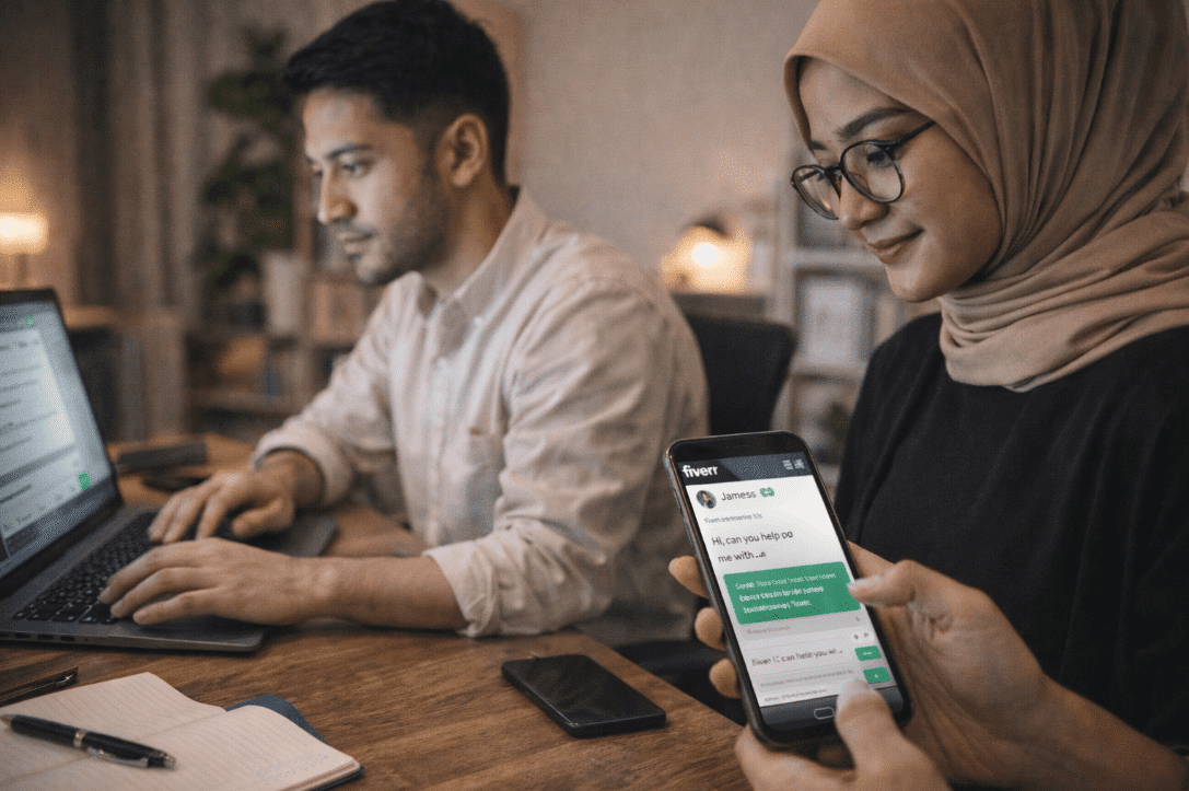 Man and woman using a laptop for freelance work