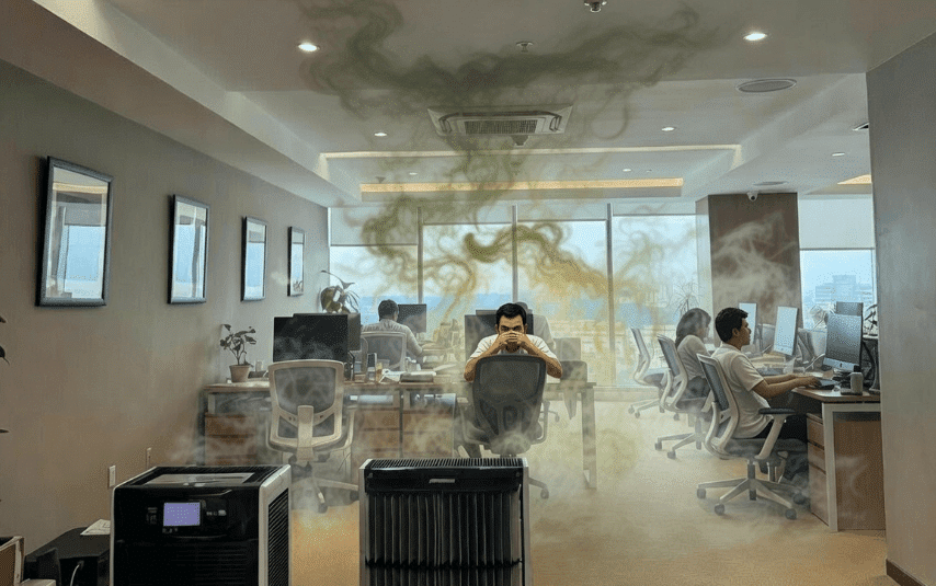 Man at desk in office with smoky ceiling