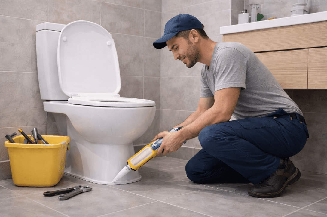 Man cleaning toilet in bathroom