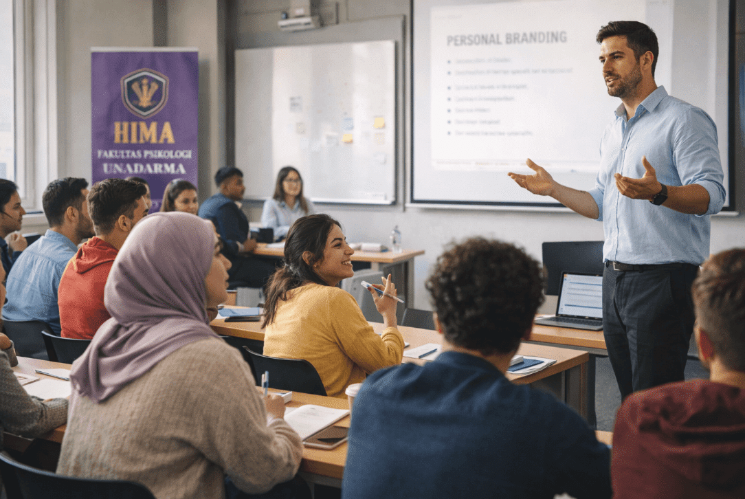 Man delivering lecture to audience at Gunadarma training session