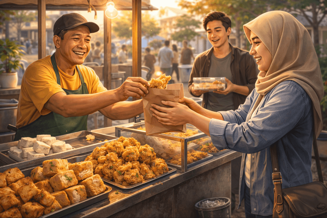 Man handing food to woman in painting