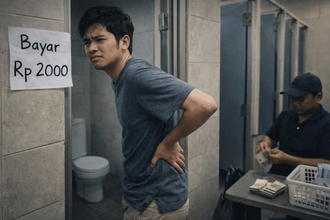 Man in bathroom with sign about incomplete urination causes