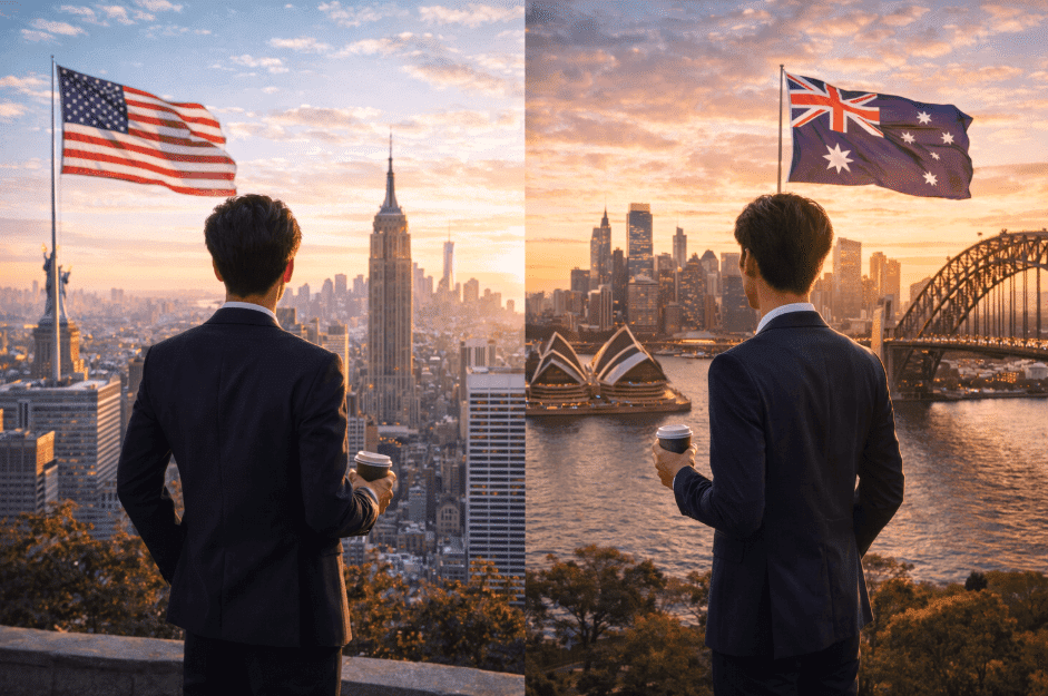 Man in suit beside flag