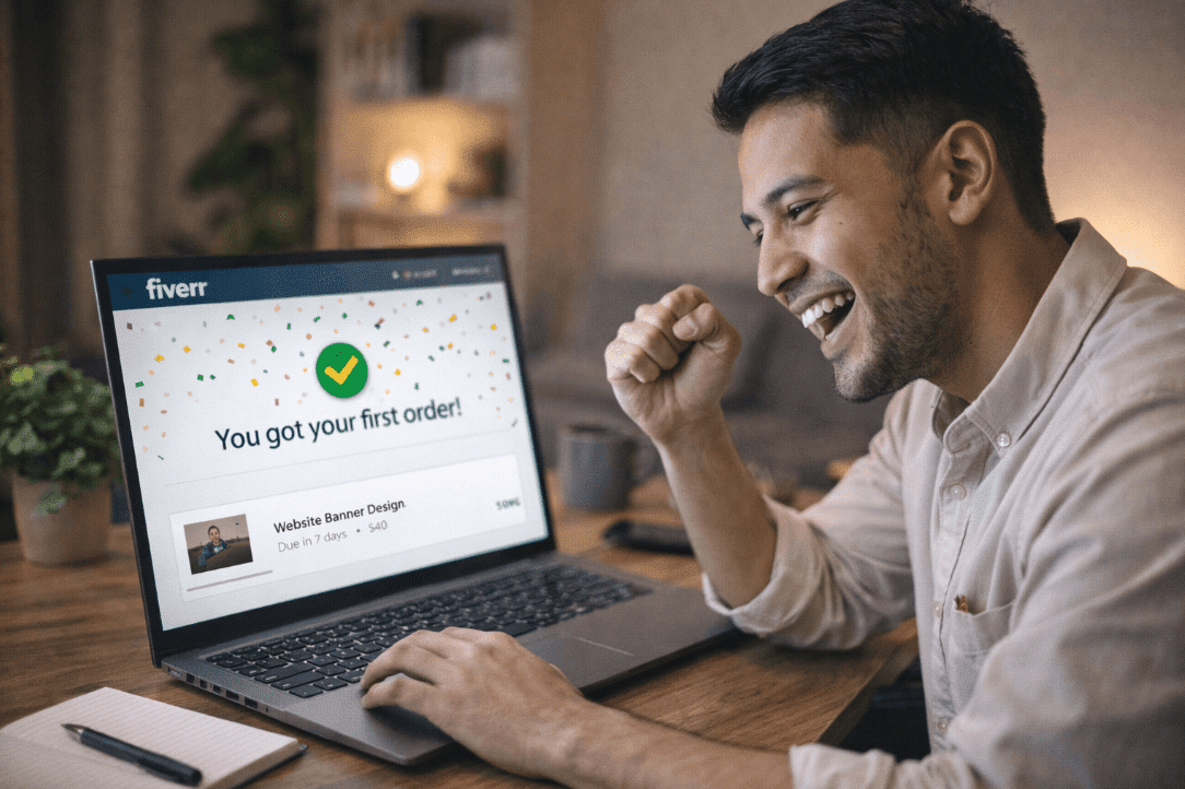 Man learning Fiverr on laptop for freelancing guide