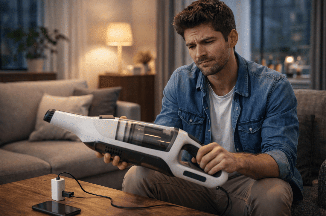 Man on couch with hair dryer
