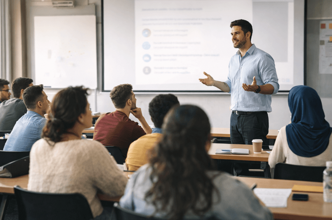 Man presenting to a group during campus training