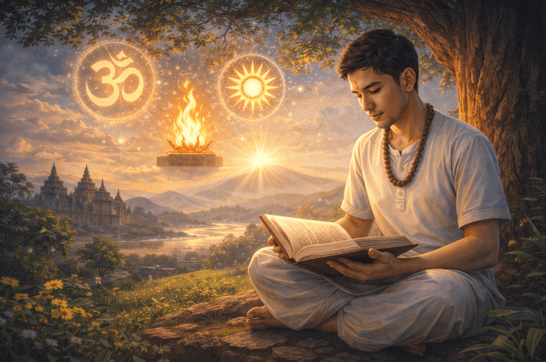 Man reading book on rock outdoors