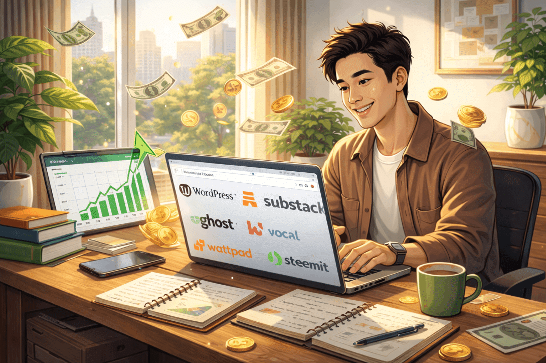 Man sitting at desk using laptop for blogging