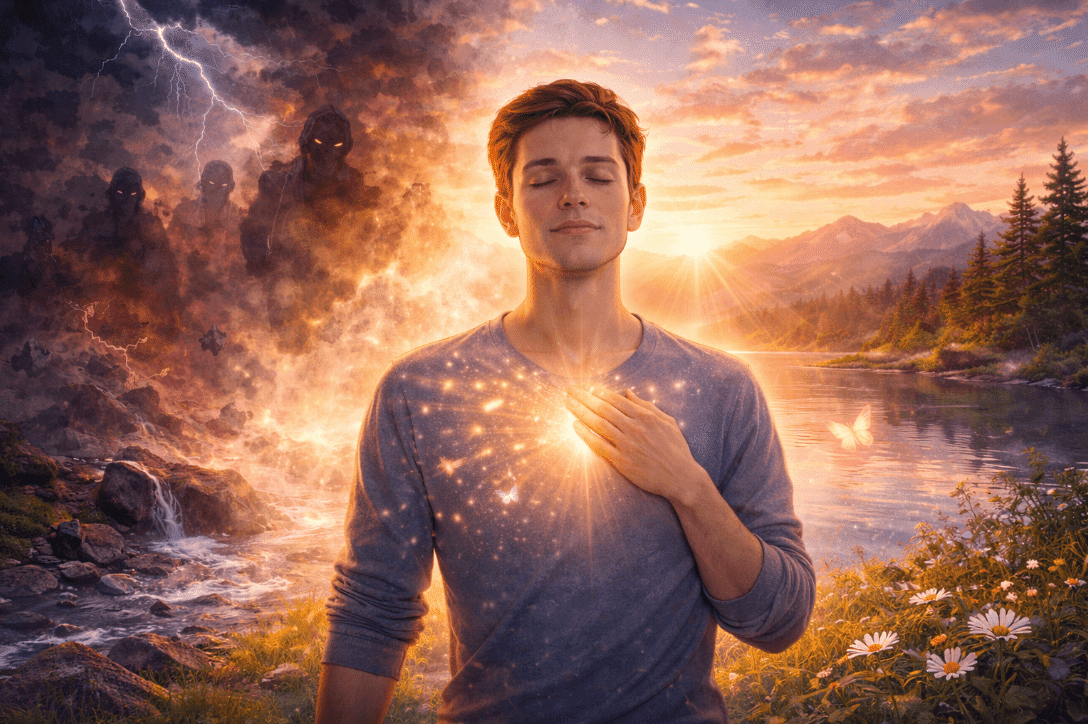 Man standing before waterfall painting