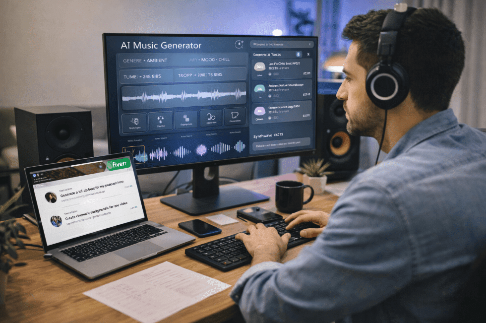 Man using computer with headphones for AI music service on Fiverr
